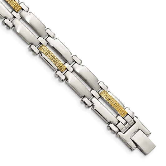 Chisel Stainless Steel with 14k Gold Accent Brushed and Polished  8.5 inch Link Bracelet SRB410-8.5