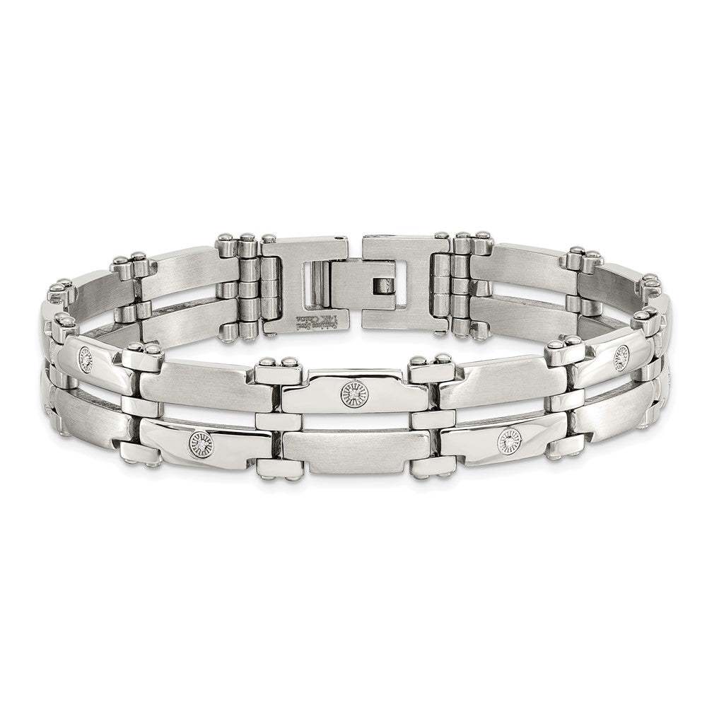 Chisel Stainless Steel Brushed and Polished with Rhodium-plated 14k White Gold and 1/20 carat Diamond 8.5 inch Bracelet SRB414-8.5