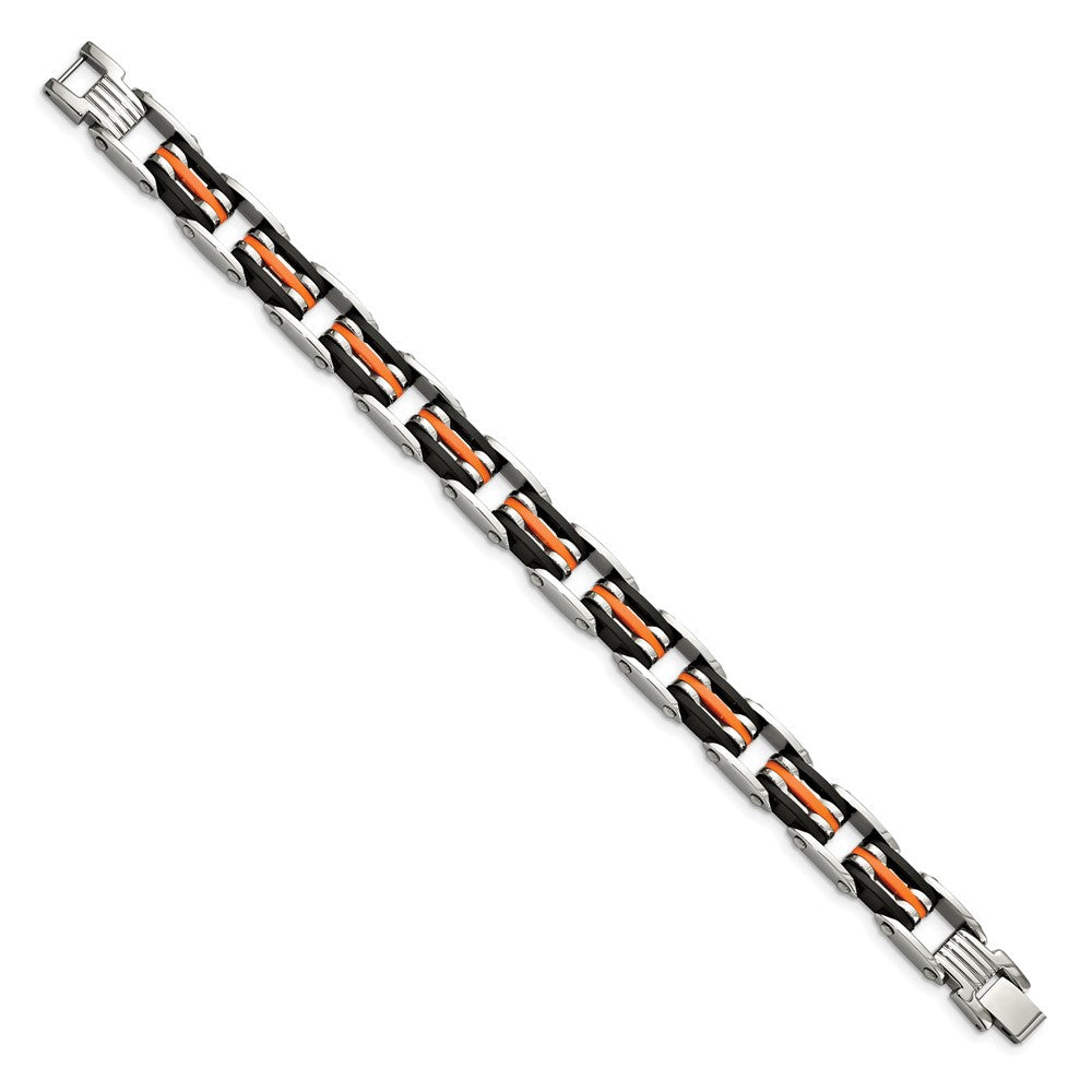 Chisel Stainless Steel Polished with Blakc and Orange Rubber 8.5 inch Link Bracelet SRB469-8.5