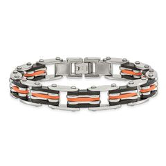 Chisel Stainless Steel Polished with Blakc and Orange Rubber 8.5 inch Link Bracelet SRB469-8.5