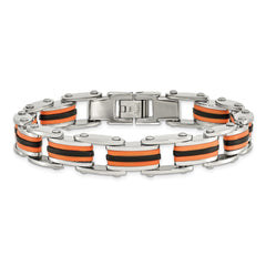 Chisel Stainless Steel Polished with Black and Orange Polyurethane 8.75 inch Link Bracelet SRB470-8.75
