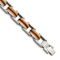 Chisel Stainless Steel Polished with Black and Orange Polyurethane 8.75 inch Link Bracelet SRB470-8.75