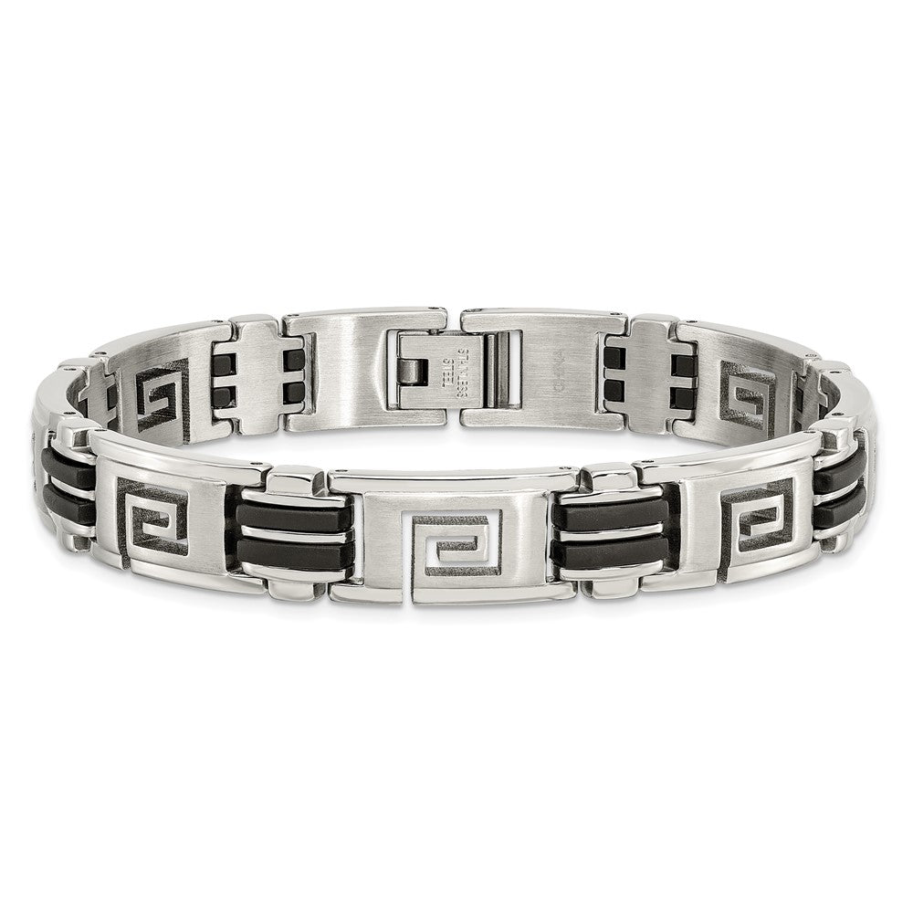 Chisel Stainless Steel Brushed and Polished Black Rubber Inlay Greek Key 8.5 inch Bracelet SRB480-8.5