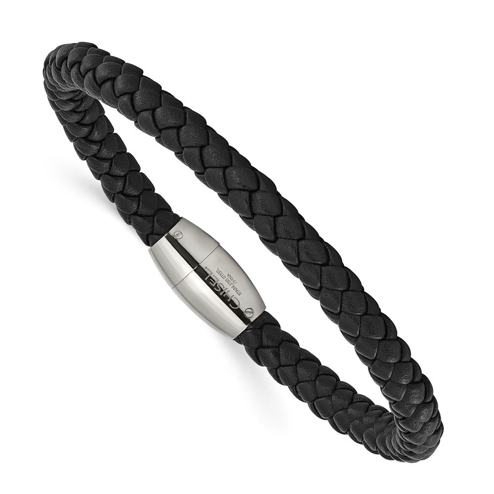 Chisel Stainless Steel Polished Black Braided Leather 8.5 inch Bracelet SRB777-8.5