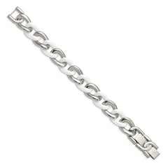 Chisel Stainless Steel Polished with White Ceramic 7.5 inch Curb Link Bracelet with 1 inch Extension SRB804-7.5