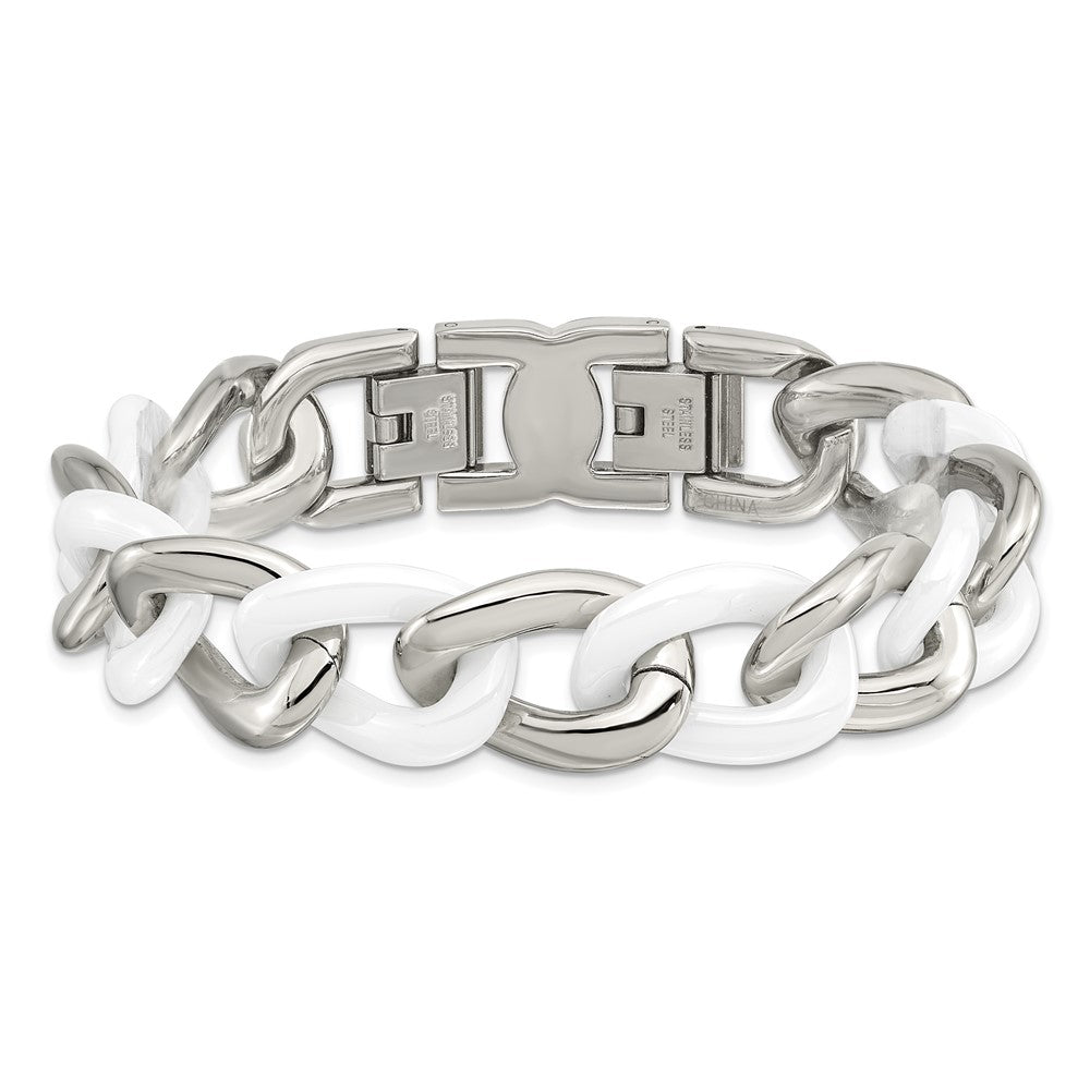 Chisel Stainless Steel Polished with White Ceramic 7.5 inch Curb Link Bracelet with 1 inch Extension SRB804-7.5