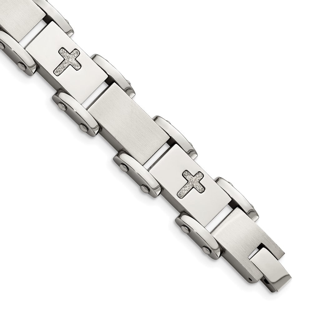 Chisel Stainless Steel Brushed Polished and Laser Cut Crosses 8.75 inch Link Bracelet SRB828-8.75