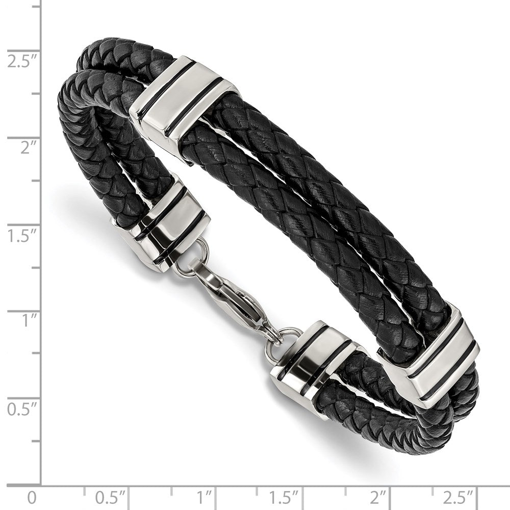 Chisel Stainless Steel Polished Braided 2 Strand Black Braided Leather 9 inch Bracelet SRB869-9