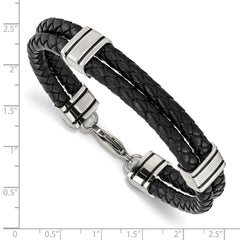 Chisel Stainless Steel Polished Braided 2 Strand Black Braided Leather 9 inch Bracelet SRB869-9