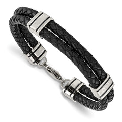 Chisel Stainless Steel Polished Braided 2 Strand Black Braided Leather 9 inch Bracelet SRB869-9