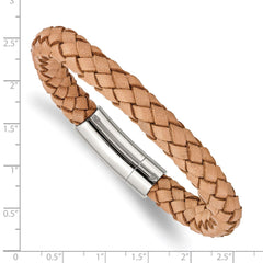 Chisel Stainless Steel Polished Light Tan Braided Leather 8.5 inch Bracelet SRB978-8.5