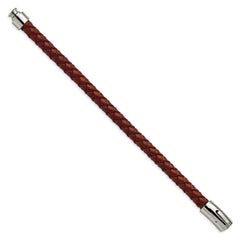 Chisel Stainless Steel Polished Brown Braided Leather 8.5 inch Bracelet SRB979-8.5