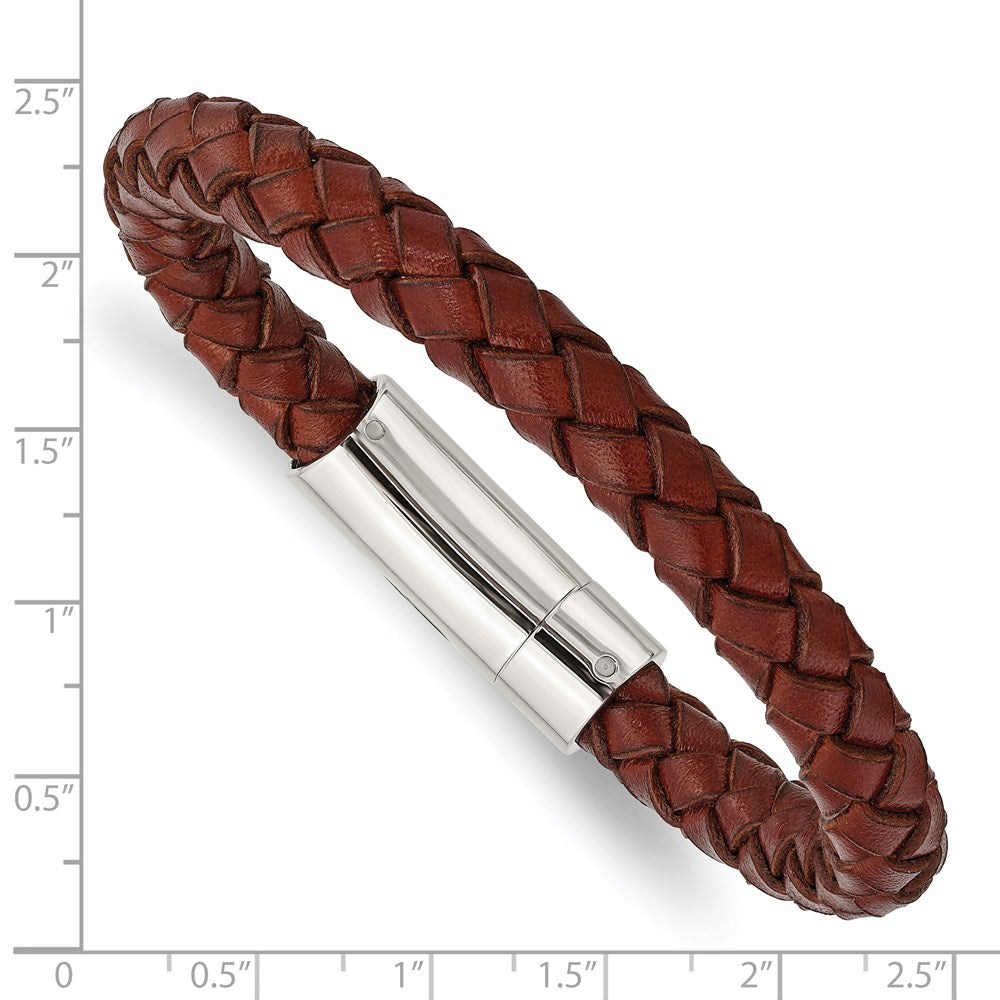 Chisel Stainless Steel Polished Brown Braided Leather 8.5 inch Bracelet SRB979-8.5