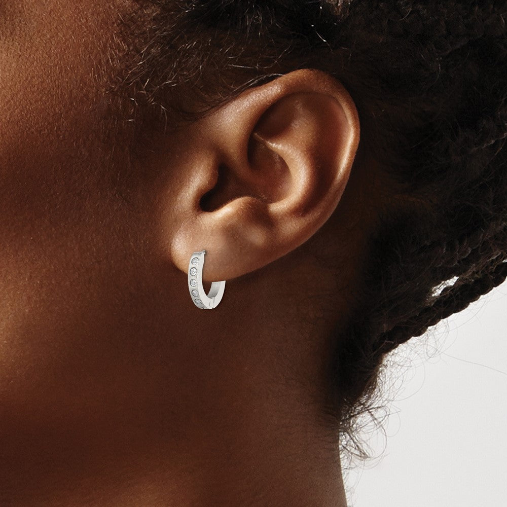 SRE104 Chisel Stainless Steel Brushed and Polished with CZ 2mm Hinged Hoop Earrings