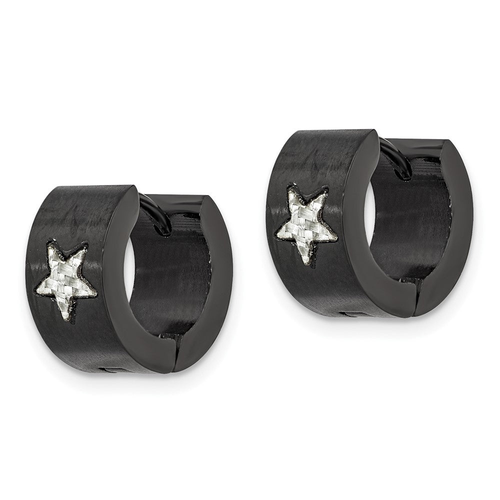 SRE106 Chisel Stainless Steel Brushed Black IP-plated with Grey Carbon Fiber Star Hinged Hoop Earrings