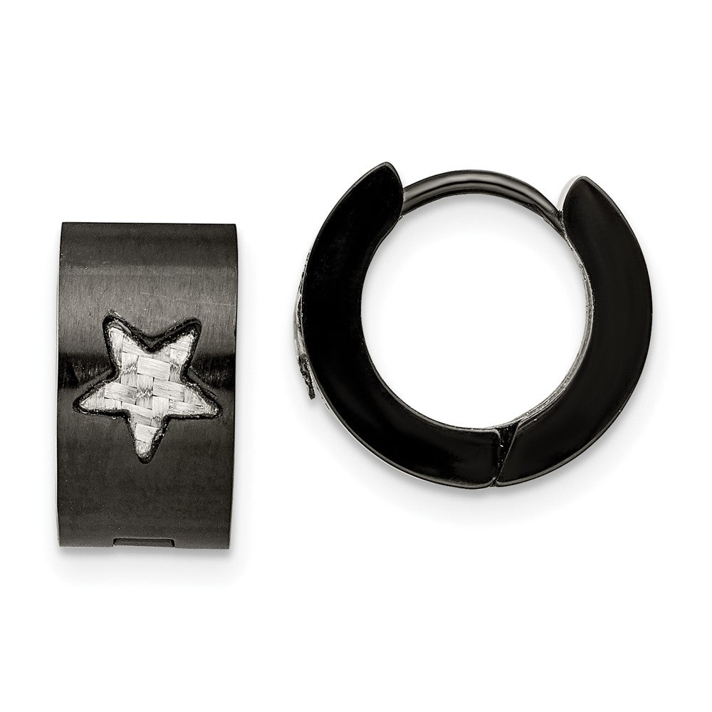 SRE106 Chisel Stainless Steel Brushed Black IP-plated with Grey Carbon Fiber Star Hinged Hoop Earrings