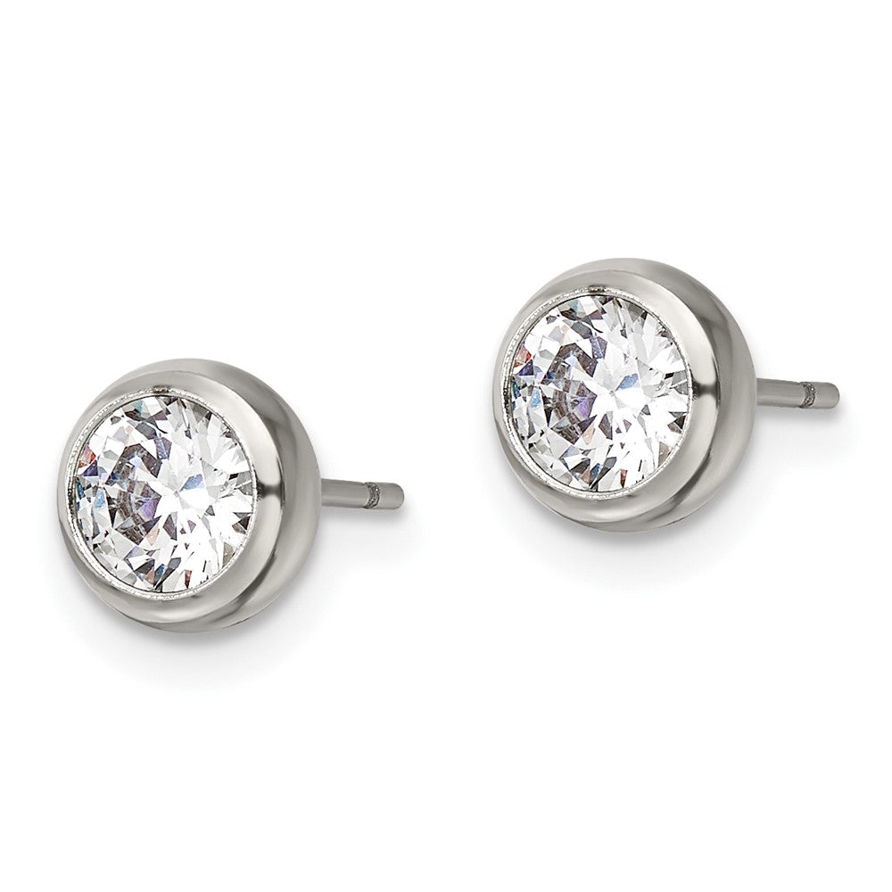 SRE1069 Chisel Stainless Steel Polished 5mm Bezel CZ Stud Post Earrings