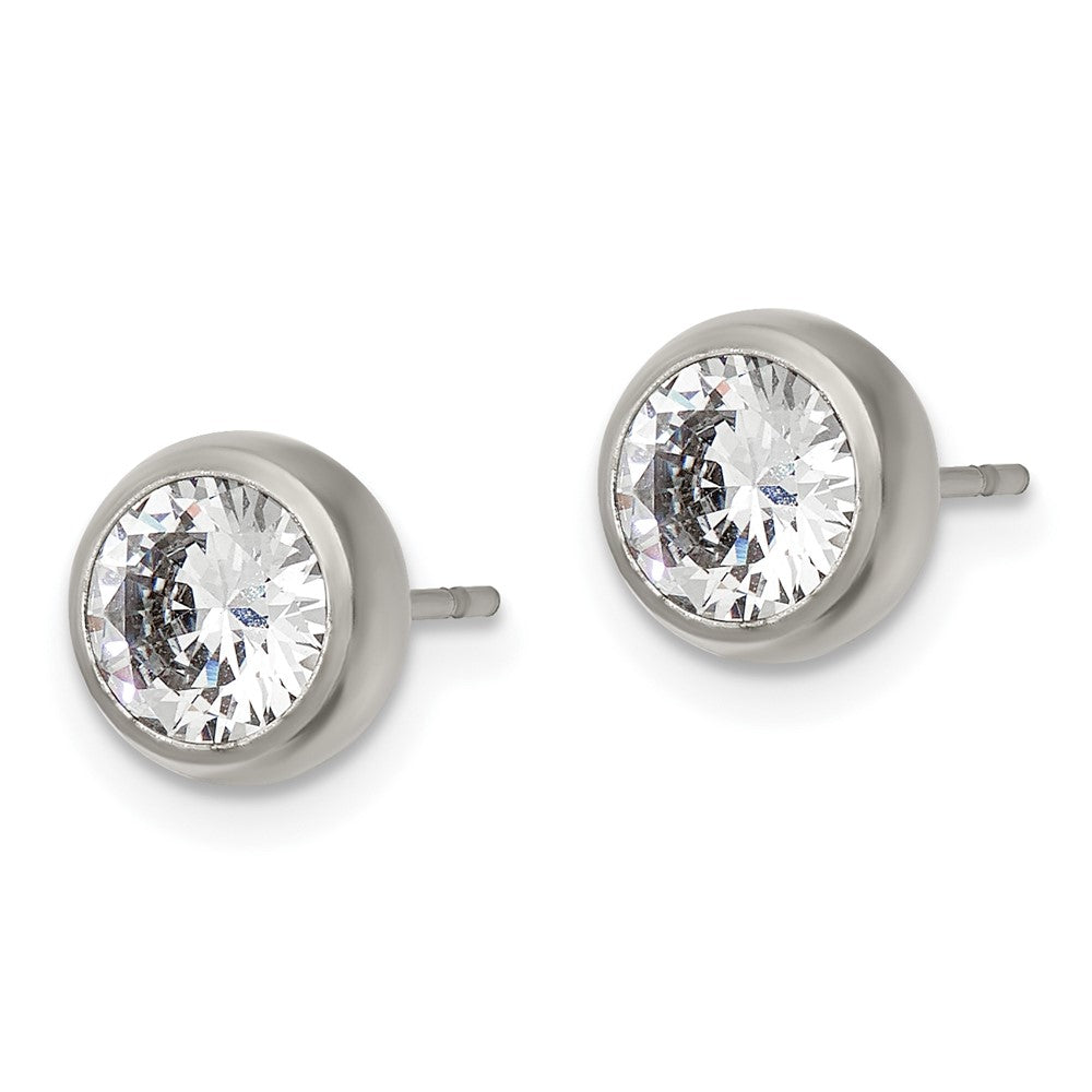 SRE1070 Chisel Stainless Steel Polished 6mm Bezel CZ Stud Post Earrings