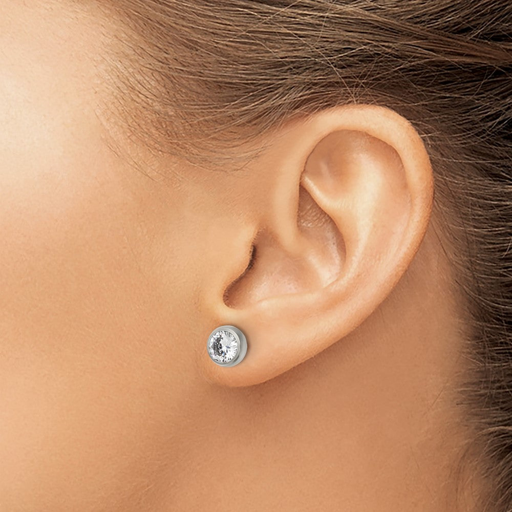 SRE1070 Chisel Stainless Steel Polished 6mm Bezel CZ Stud Post Earrings