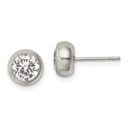 SRE1070 Chisel Stainless Steel Polished 6mm Bezel CZ Stud Post Earrings