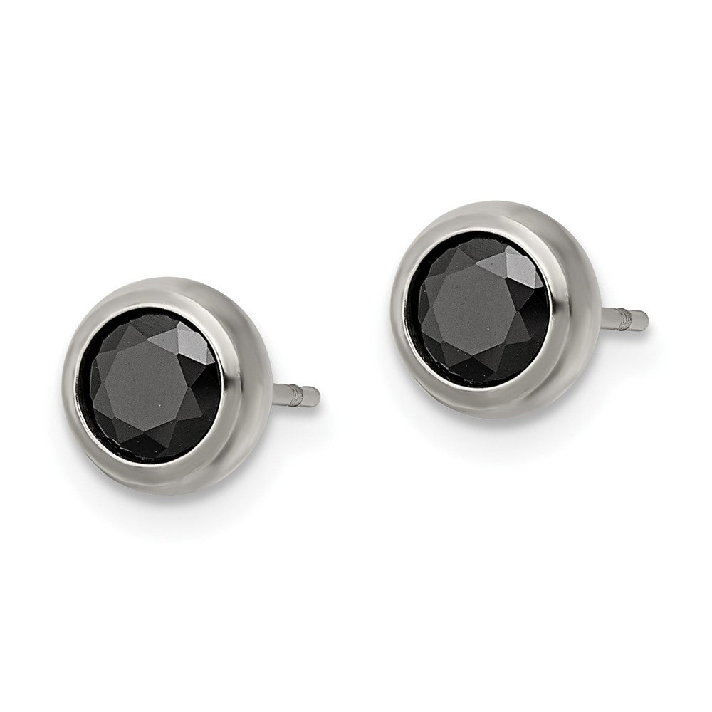 SRE1073 Chisel Stainless Steel Polished 5mm Bezel Black CZ Stud Post Earrings