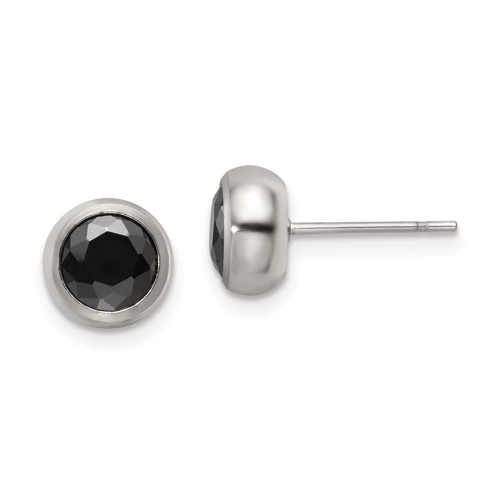 SRE1074 Chisel Stainless Steel Polished 6mm Bezel Black CZ Stud Post Earrings