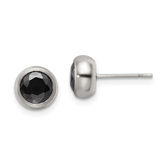 SRE1074 Chisel Stainless Steel Polished 6mm Bezel Black CZ Stud Post Earrings