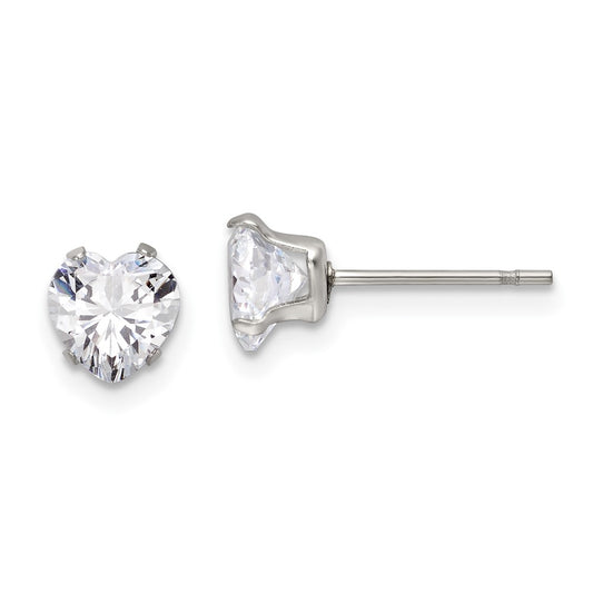 SRE1077 Chisel Stainless Steel Polished 6mm Heart CZ Stud Post Earrings