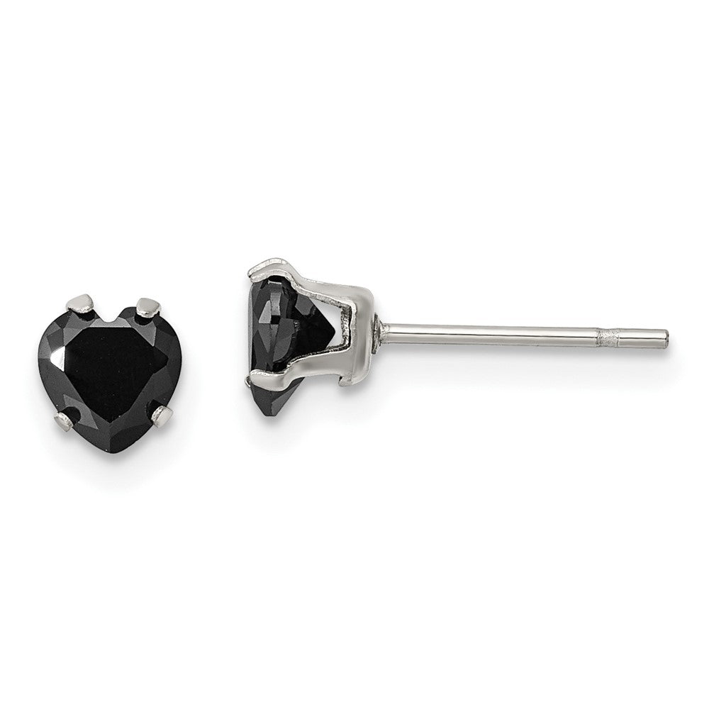 SRE1081 Chisel Stainless Steel Polished 5mm Black Heart CZ Stud Post Earrings