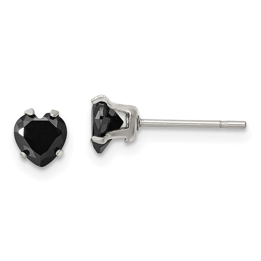 SRE1081 Chisel Stainless Steel Polished 5mm Black Heart CZ Stud Post Earrings