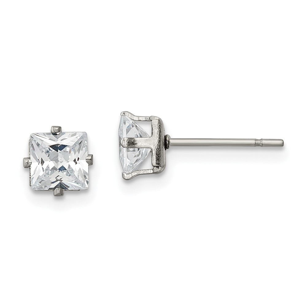 SRE1101 Chisel Stainless Steel Polished 5mm Square CZ Stud Post Earrings