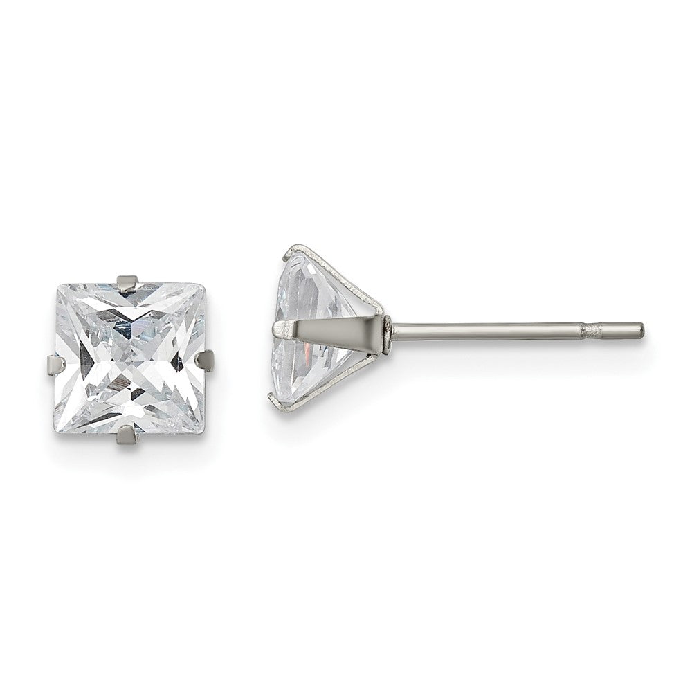 SRE1102 Chisel Stainless Steel Polished 6mm Square CZ Stud Post Earrings