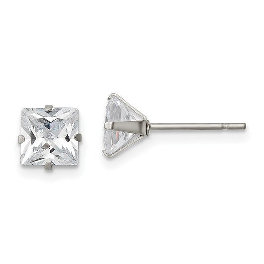 SRE1102 Chisel Stainless Steel Polished 6mm Square CZ Stud Post Earrings