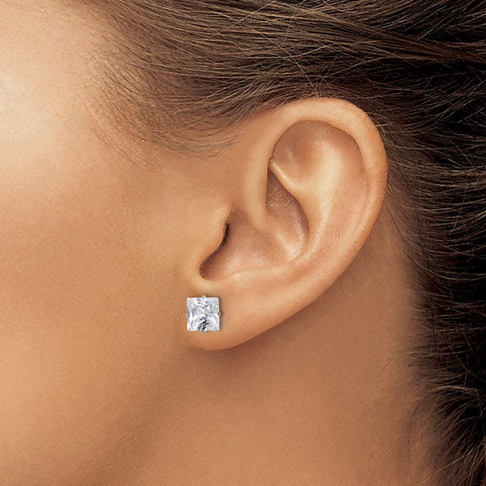 SRE1103 Chisel Stainless Steel Polished 7mm Square CZ Stud Post Earrings
