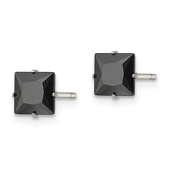 SRE1111 Chisel Stainless Steel Polished 6mm Black Square CZ Stud Post Earrings