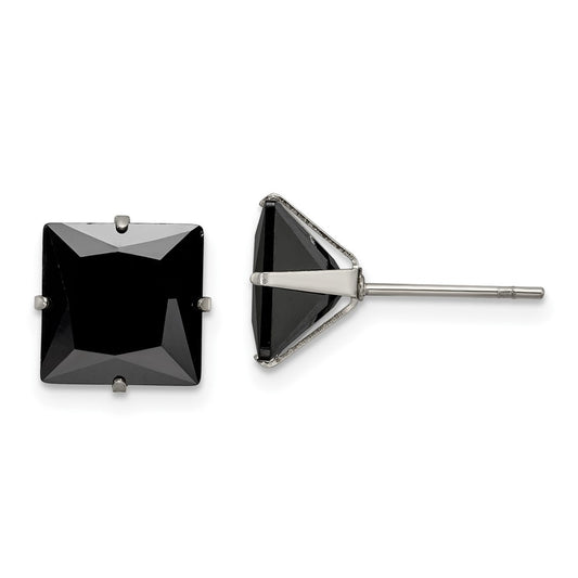 SRE1114 Chisel Stainless Steel Polished 9mm Black Square CZ Stud Post Earrings