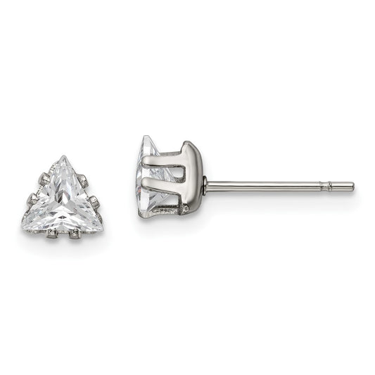 SRE1130 Chisel Stainless Steel Polished 5mm Triangle CZ Stud Post Earrings