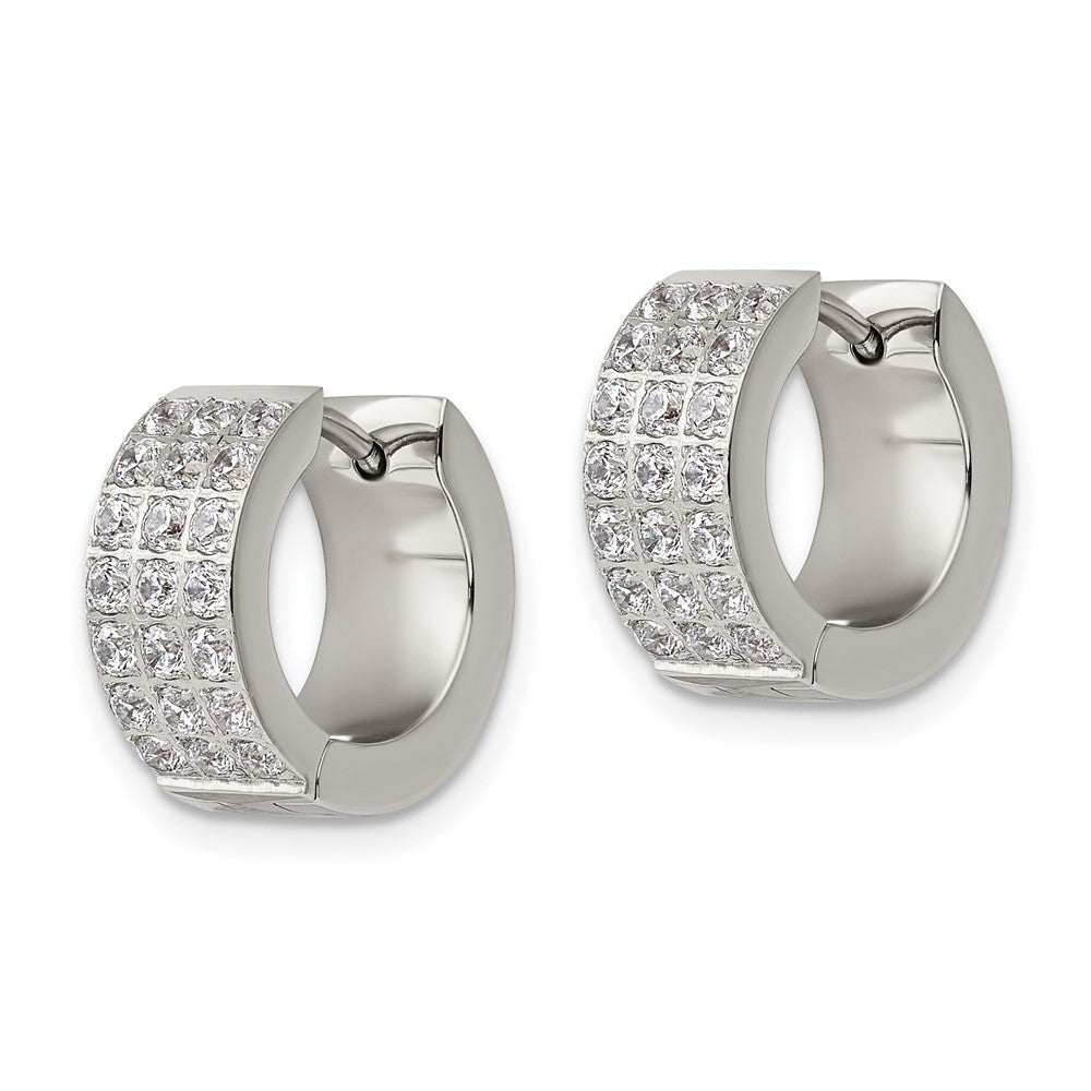 SRE1141 Chisel Stainless Steel Polished with 3 Rows of CZ 2.4mm Hinged Hoop Earrings
