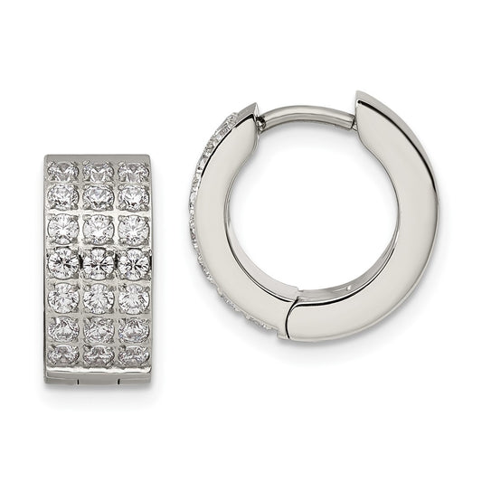 SRE1141 Chisel Stainless Steel Polished with 3 Rows of CZ 2.4mm Hinged Hoop Earrings