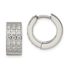 SRE1141 Chisel Stainless Steel Polished with 3 Rows of CZ 2.4mm Hinged Hoop Earrings