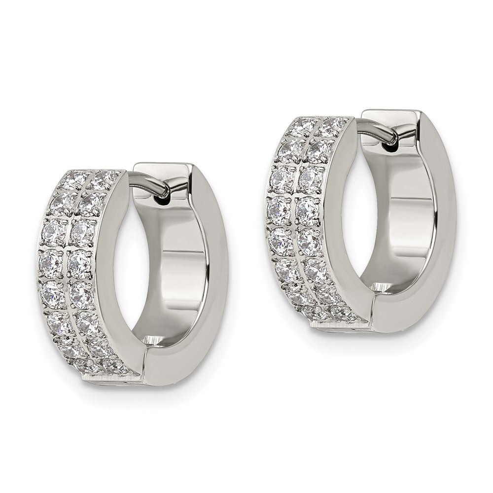 SRE1142 Chisel Stainless Steel Polished with 2 Rows of CZ 2.3mm Hinged Hoop Earrings