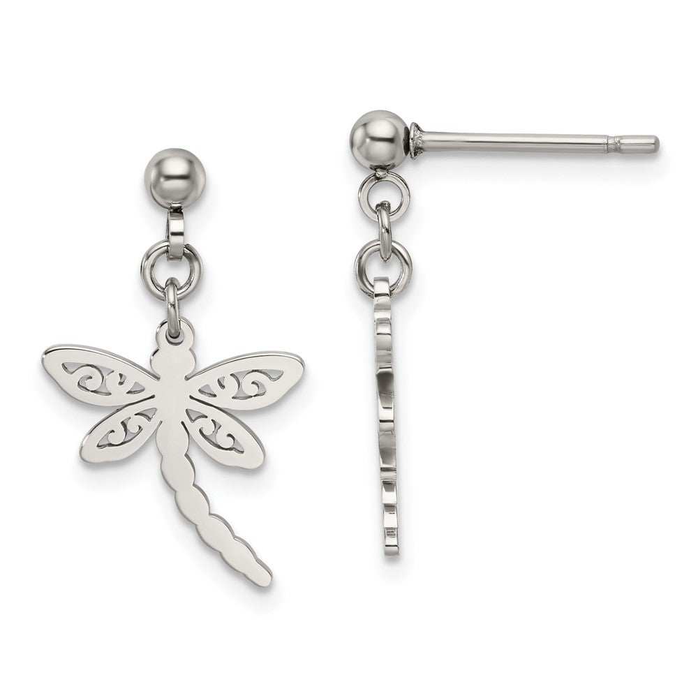 SRE1197 Chisel Stainless Steel Polished Dragonfly Post Dangle Earrings
