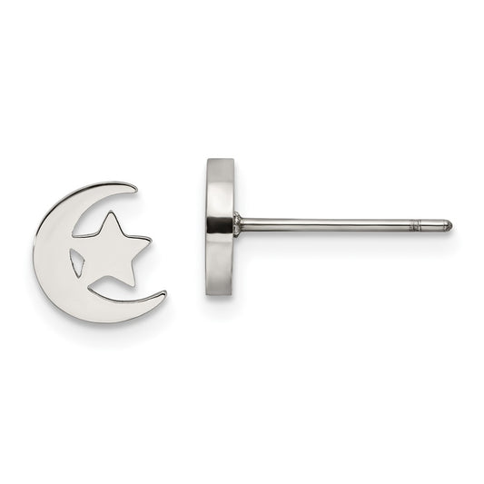 SRE1208S Chisel Stainless Steel Polished Moon and Star Post Earrings