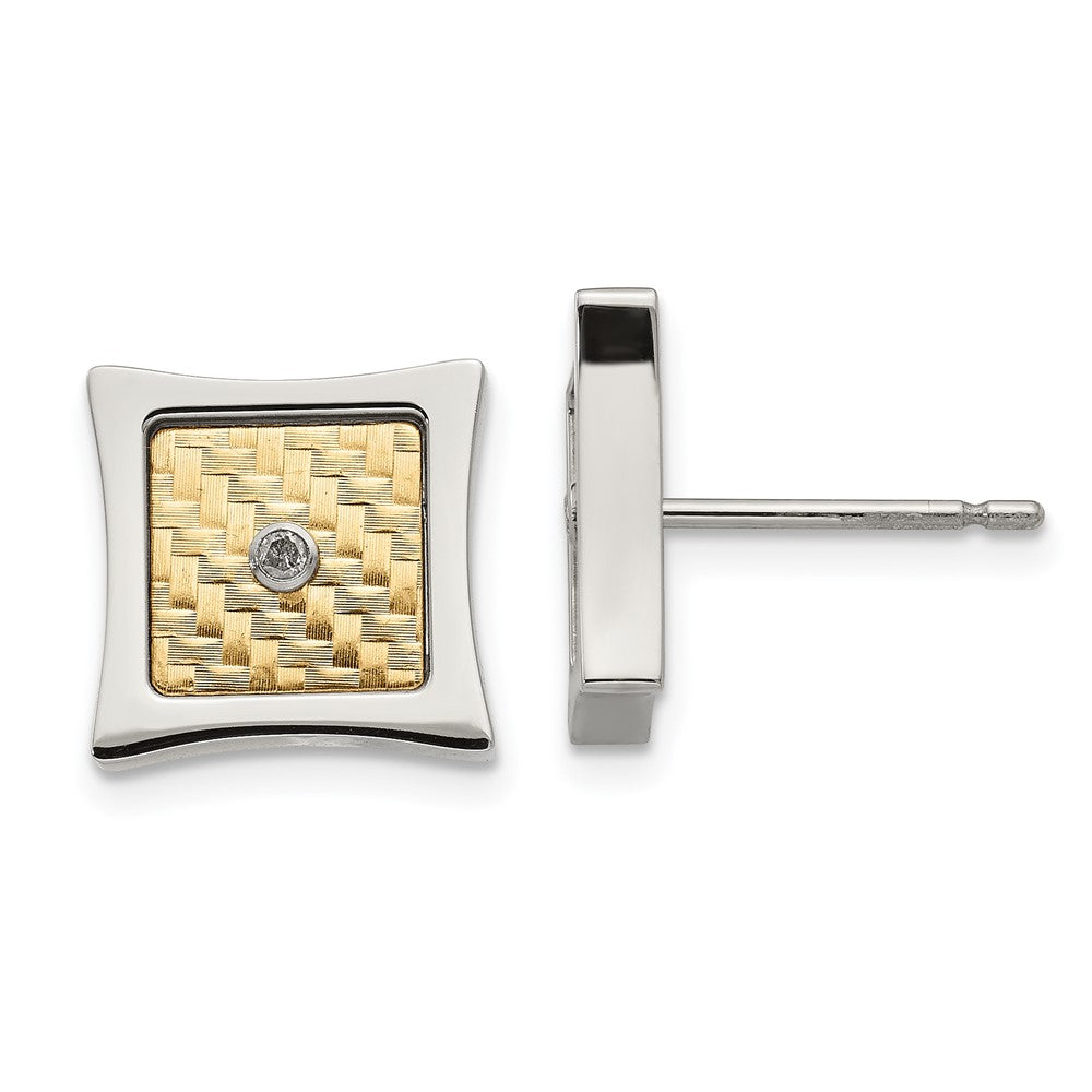 SRE1276 Chisel Stainless Steel Polished with 18k Gold Accent and .03 Carat Diamond Square Post Earrings