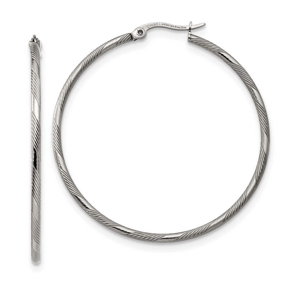 SRE1291 Chisel Stainless Steel Polished and Textured Hinged Hoop Earrings