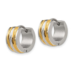 SRE1307 Chisel Stainless Steel Polished and Textured Yellow IP-plated 7mm Hinged Hoop Earrings