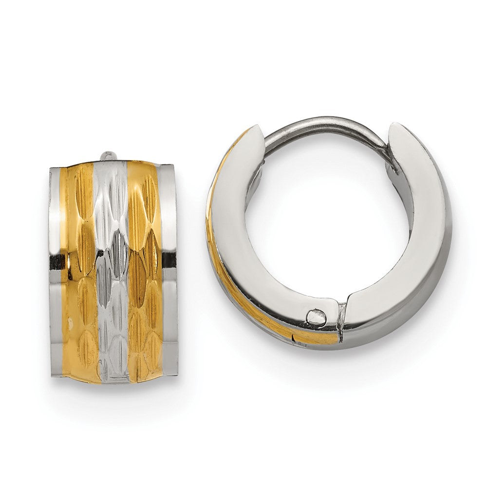 SRE1307 Chisel Stainless Steel Polished and Textured Yellow IP-plated 7mm Hinged Hoop Earrings