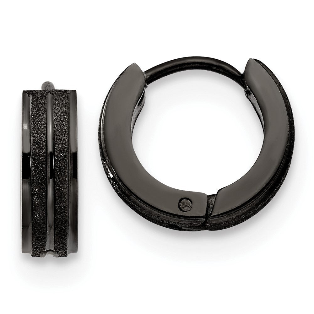 SRE1309 Chisel Stainless Steel Polished Black IP-plated Laser cut 4mm Hinged Hoop Earrings