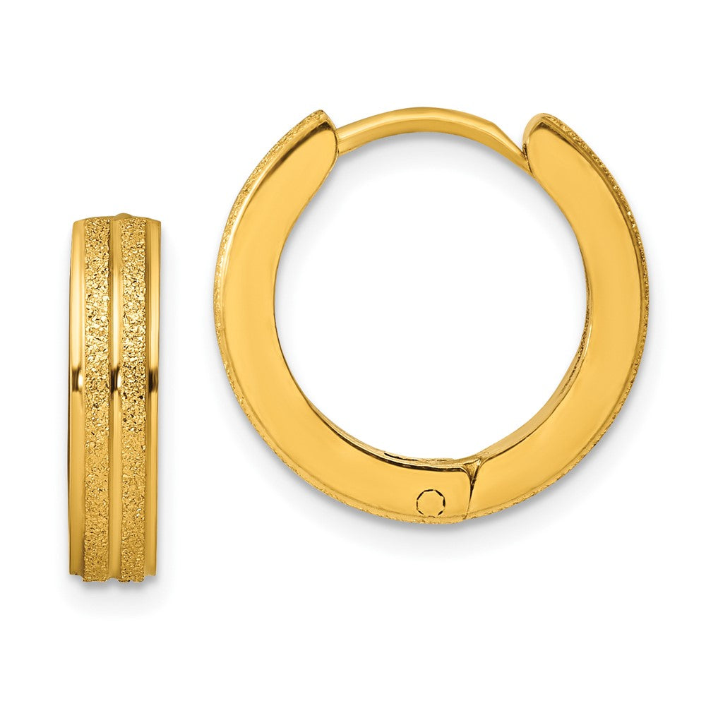 SRE1312 Chisel Stainless Steel Polished Yellow IP-plated Laser cut 4mm Hinged Hoop Earrings