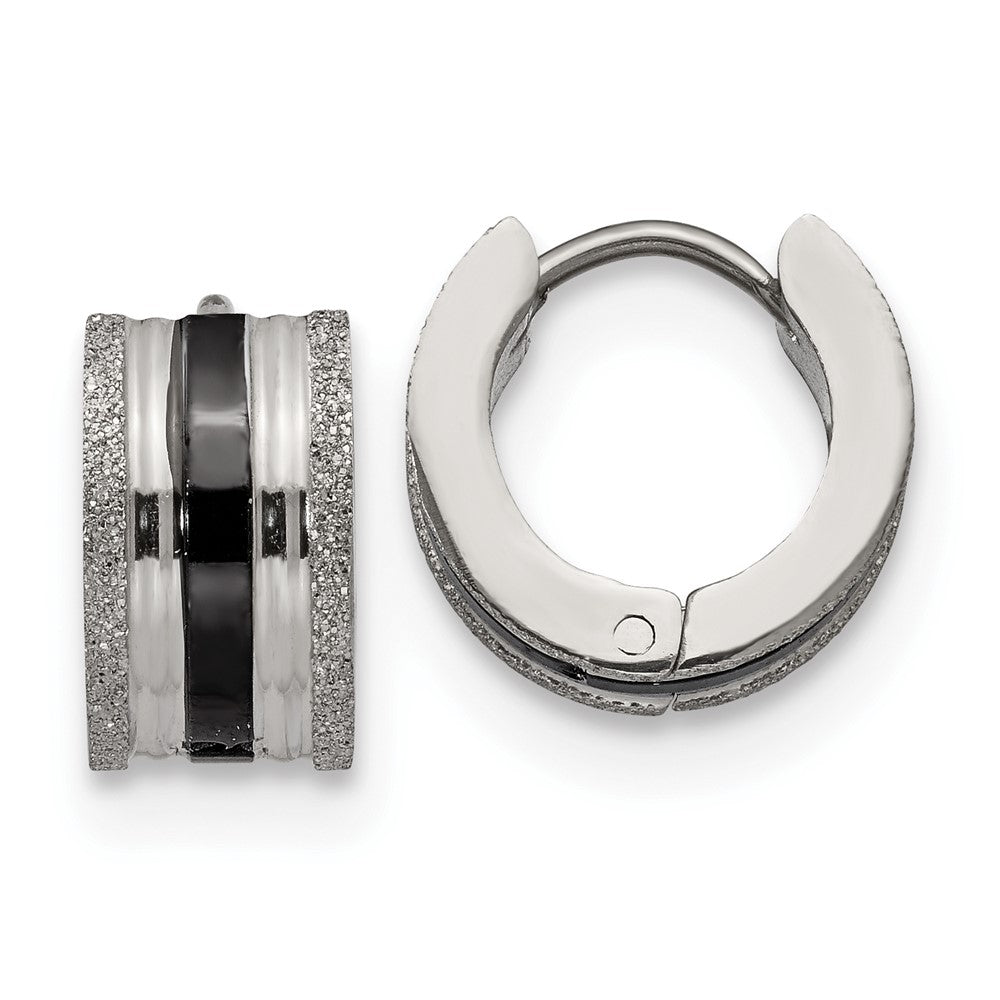 SRE1313 Chisel Stainless Steel Polished Black IP-Plated Laser cut 7mm Hoop Earrings